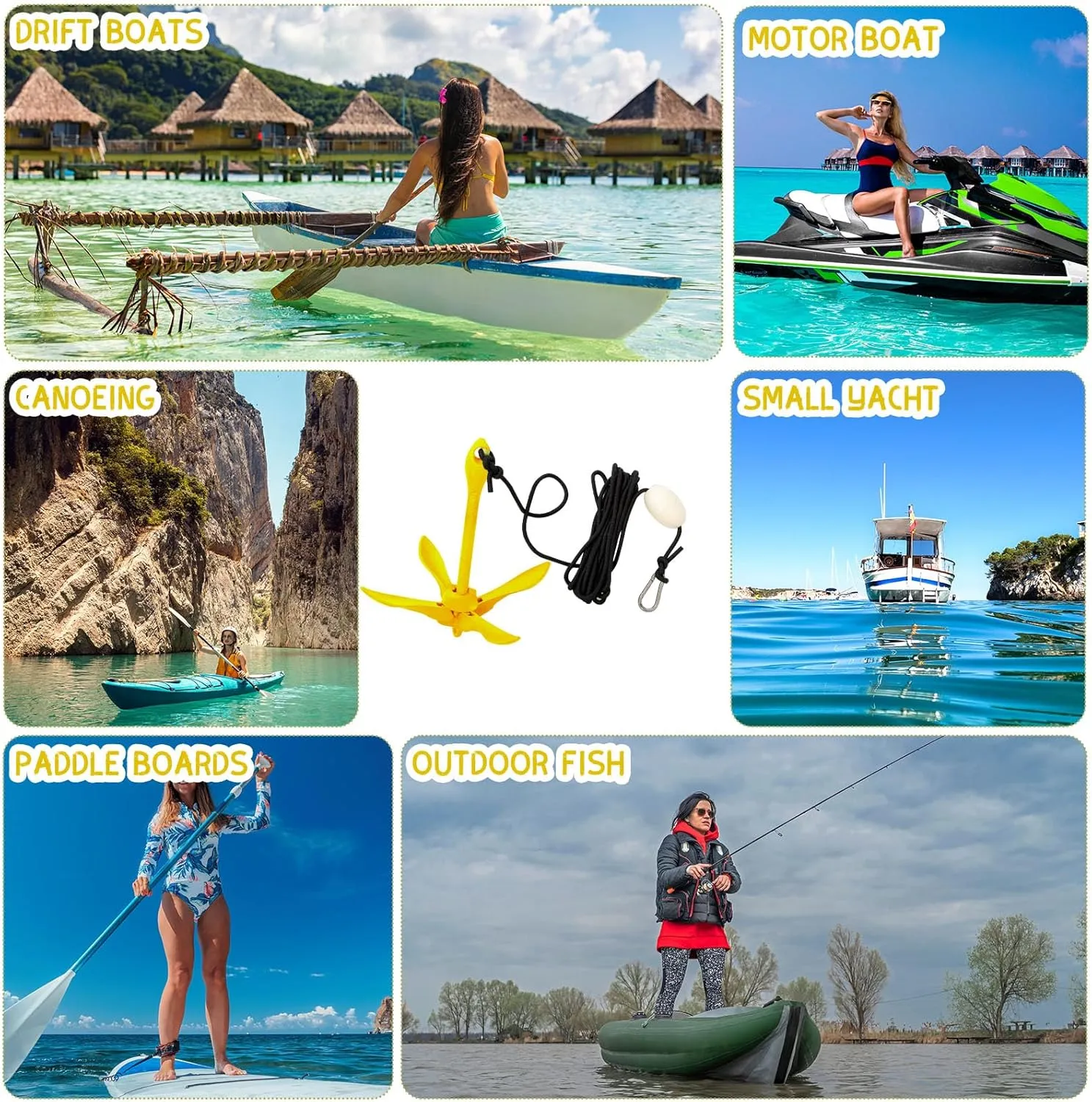 1 Pack Marine Kayak Anchor Kit Folding Grapnel Boat Anchor Kit Kayak Fishing Accessories for Small Boats Canoe Paddle Boards