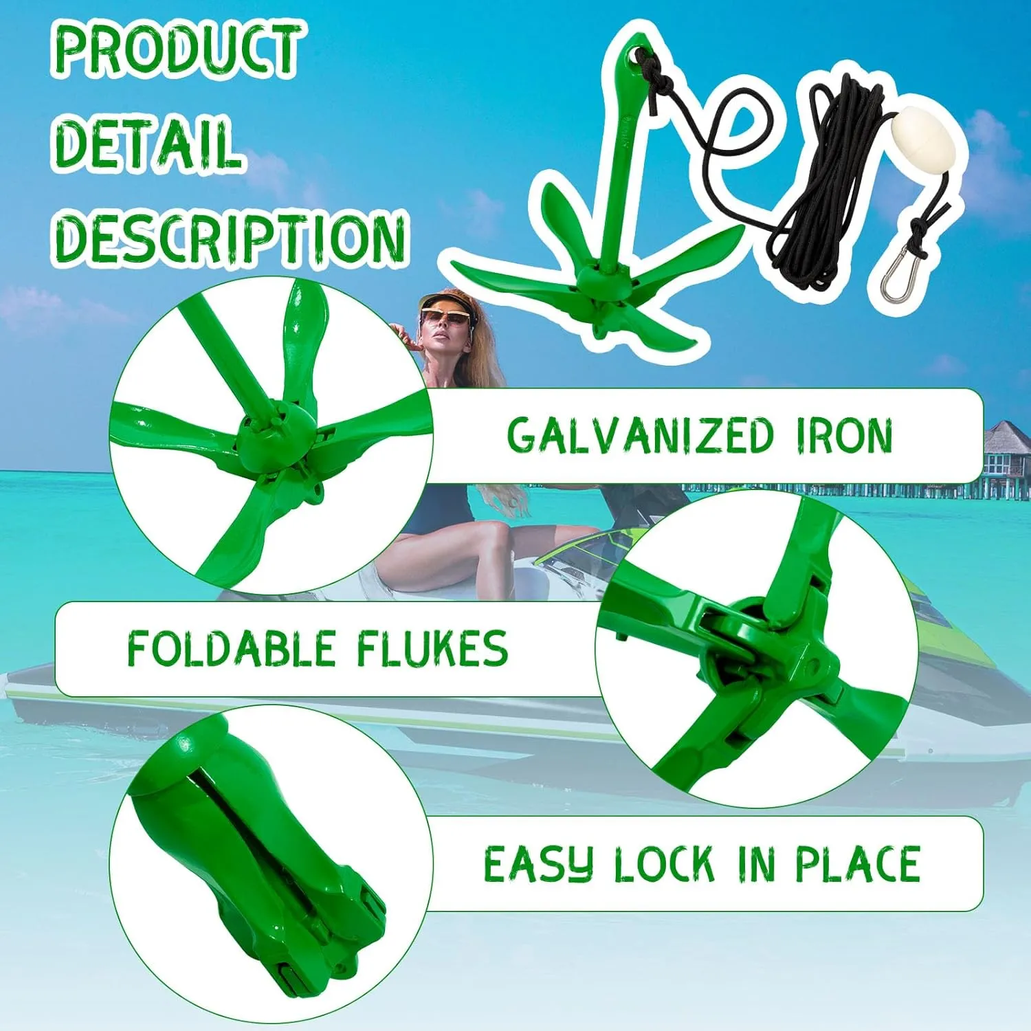 1 Pack Marine Kayak Anchor Kit Folding Grapnel Boat Anchor Kit Kayak Fishing Accessories for Small Boats Canoe Paddle Boards