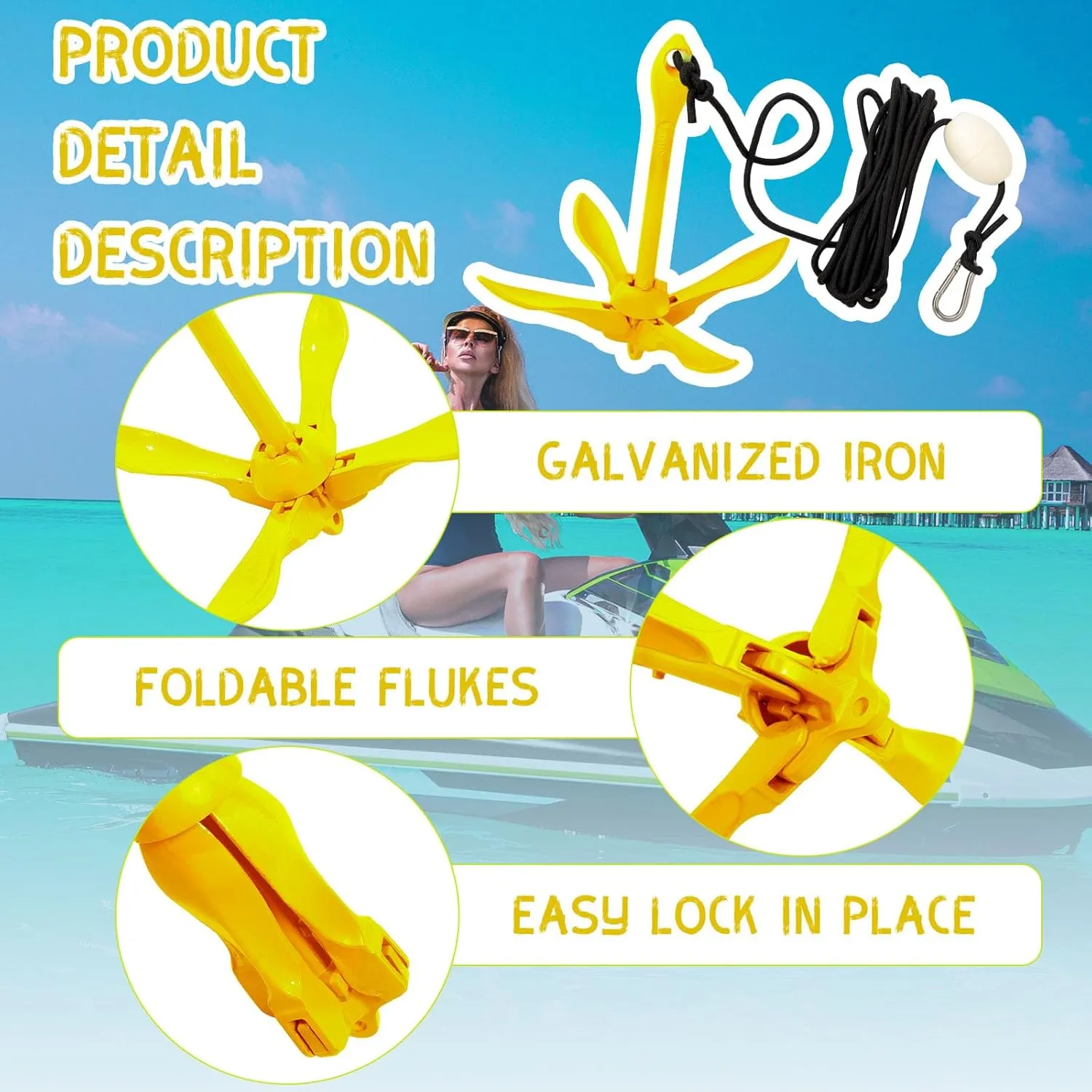 1 Pack Marine Kayak Anchor Kit Folding Grapnel Boat Anchor Kit Kayak Fishing Accessories for Small Boats Canoe Paddle Boards