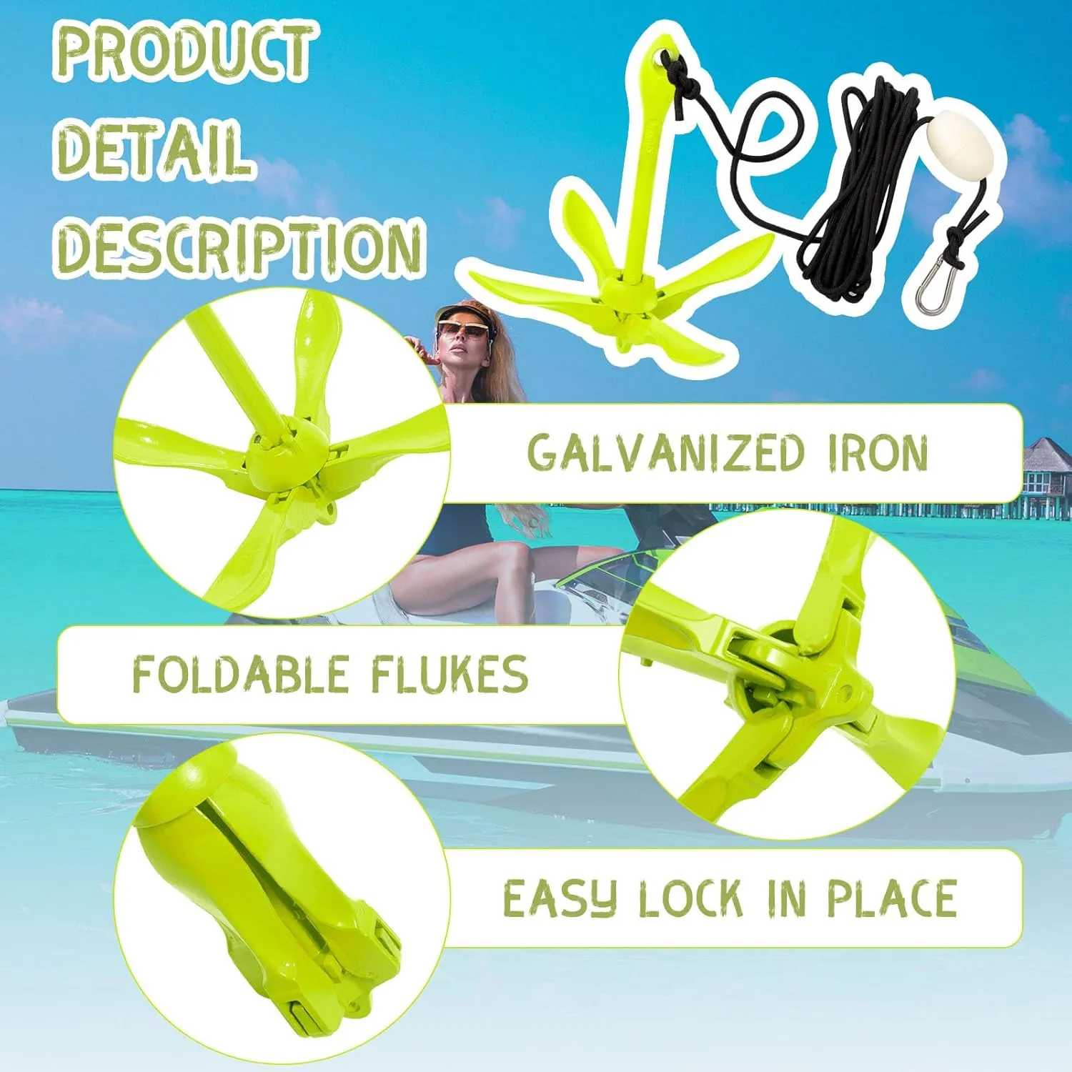 1 Pack Marine Kayak Anchor Kit Folding Grapnel Boat Anchor Kit Kayak Fishing Accessories for Small Boats Canoe Paddle Boards