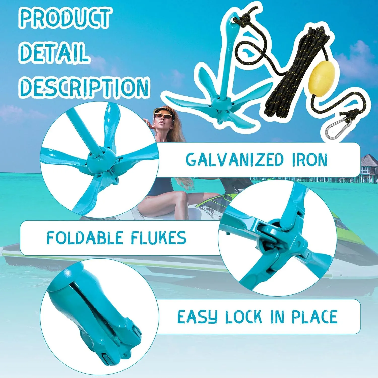 1 Pack Marine Kayak Anchor Kit Folding Grapnel Boat Anchor Kit Kayak Fishing Accessories for Small Boats Canoe Paddle Boards