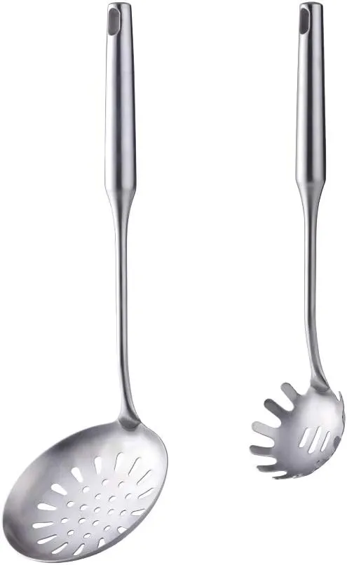 1 Skimmer Spoon and 1 Spaghetti Spoon, BUY&USE 2 Pcs Stainless Steel Cooking Utensils Set, Heat-resistant Kitchen Gadgets Tools