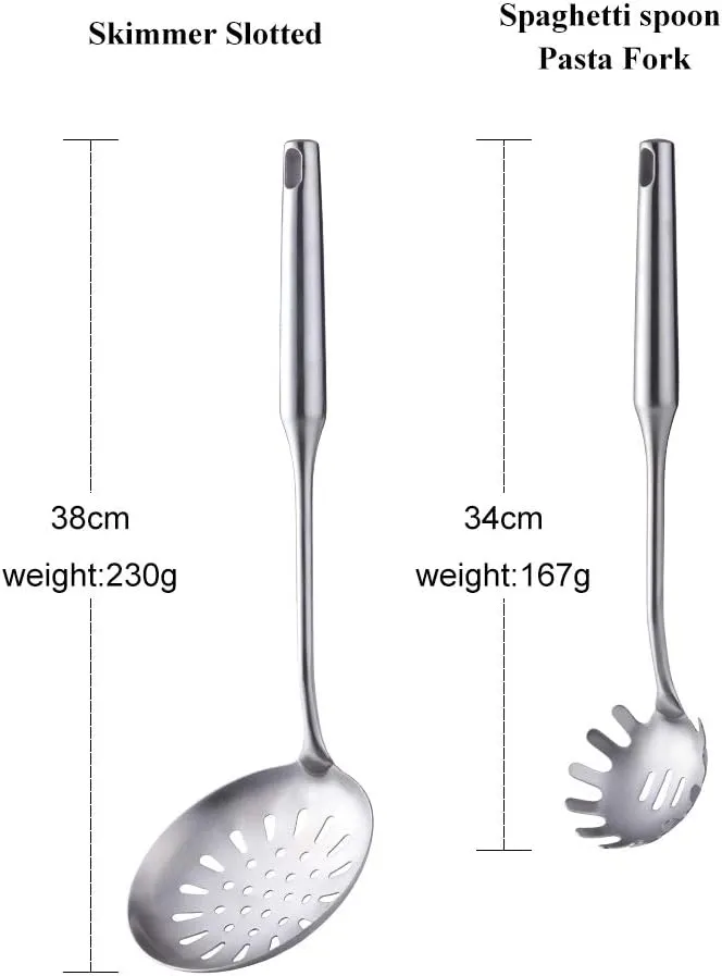 1 Skimmer Spoon and 1 Spaghetti Spoon, BUY&USE 2 Pcs Stainless Steel Cooking Utensils Set, Heat-resistant Kitchen Gadgets Tools