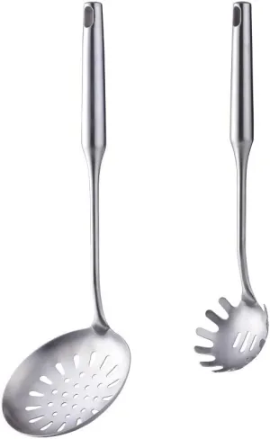 1 Skimmer Spoon and 1 Spaghetti Spoon, BUY&USE 2 Pcs Stainless Steel Cooking Utensils Set, Heat-resistant Kitchen Gadgets Tools