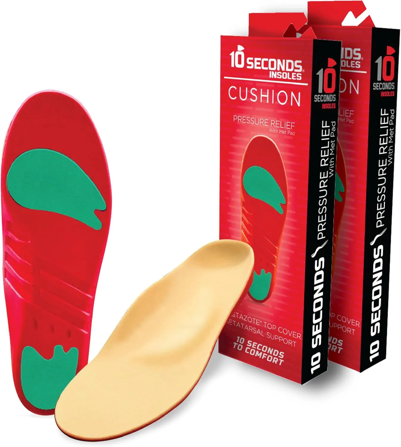 10 Seconds Pressure Relief 3030 with Metatarsal Pad – Ultra Cushioned - Medium Arch Support - Medium Arch Height, Trim to Fit, Molds to Foot Plastazote Memory Foam Topper (M 8, W 10) 2-Pack
