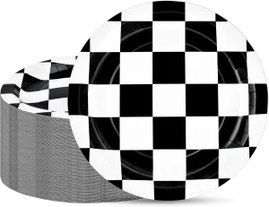 100 Pack Race Car Paper Plates, 9" Black and White Checkered Flag Paper Plate Disposable Round Dessert Dinner Plates for Racing Car Party, Race Fans Kids Birthday Tableware