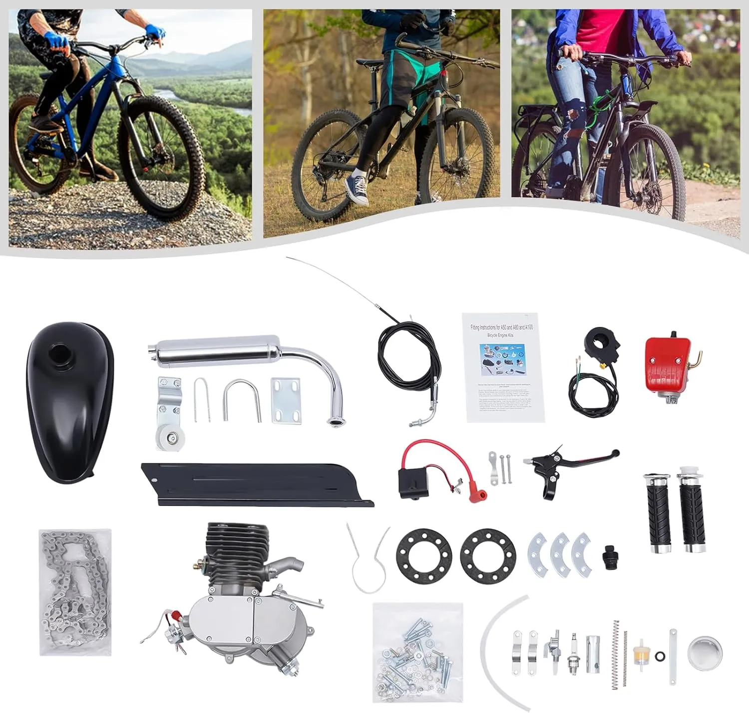 100cc Bicycle Motor Kit Bike Motorized 2 Stroke Full Set Bicycle Motor Kit Bike Motorized Petrol Gas Engine Foldable Bike Stand Accessories Hitch Bicycle Carrier Super Fuel-efficient