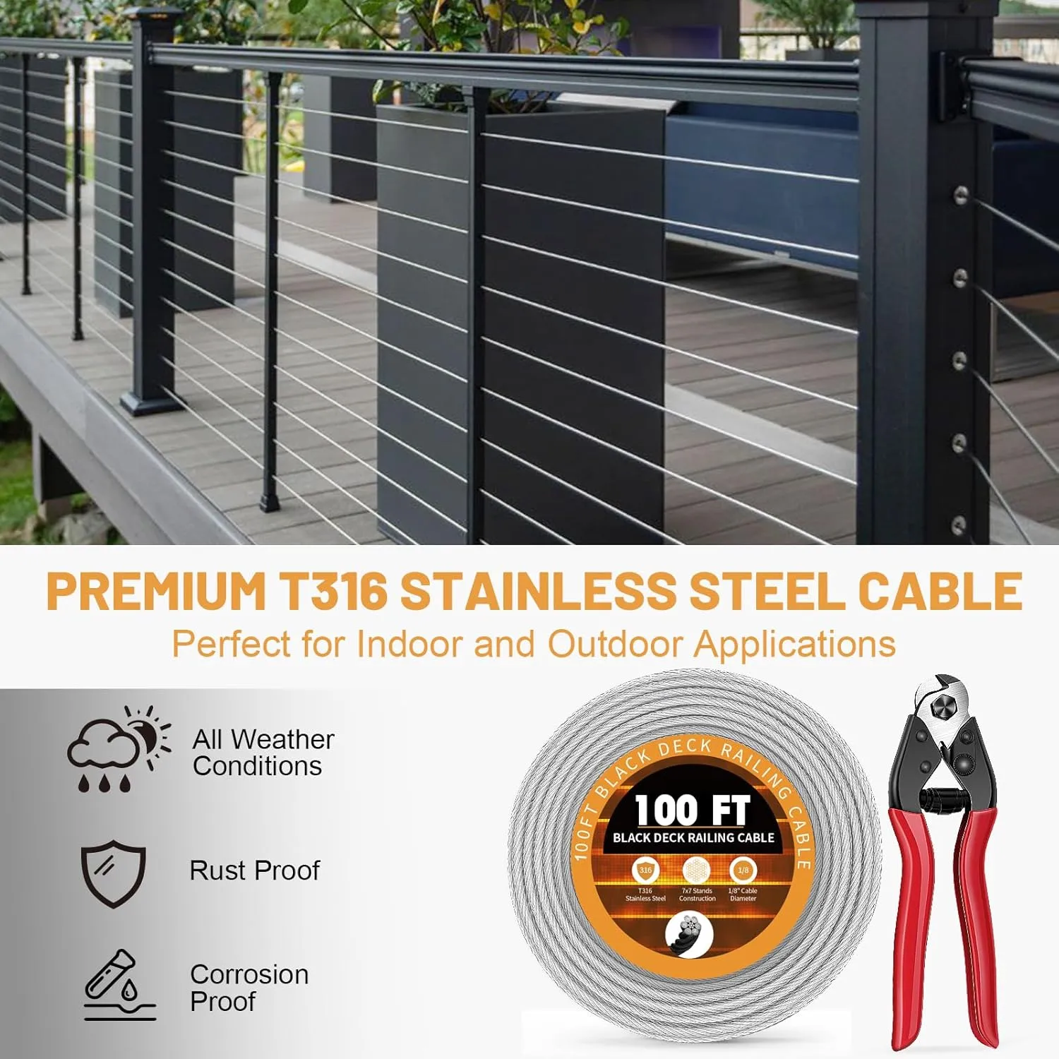 100FT 1/8" Wire Rope, Stainless Steel Aircraft Cable with Cutter for Cable Railing System, DIY Balusters Stair Fences