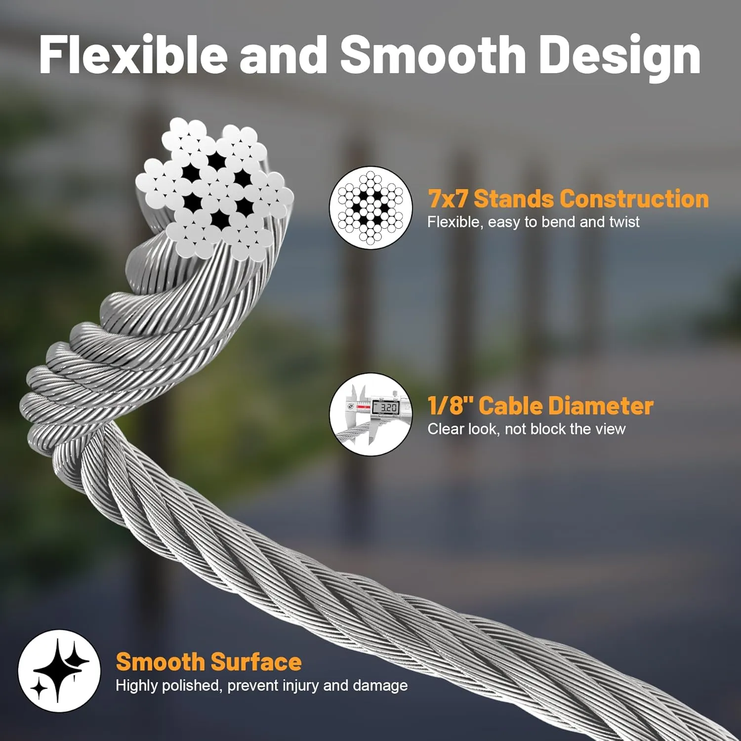 100FT 1/8" Wire Rope, Stainless Steel Aircraft Cable with Cutter for Cable Railing System, DIY Balusters Stair Fences