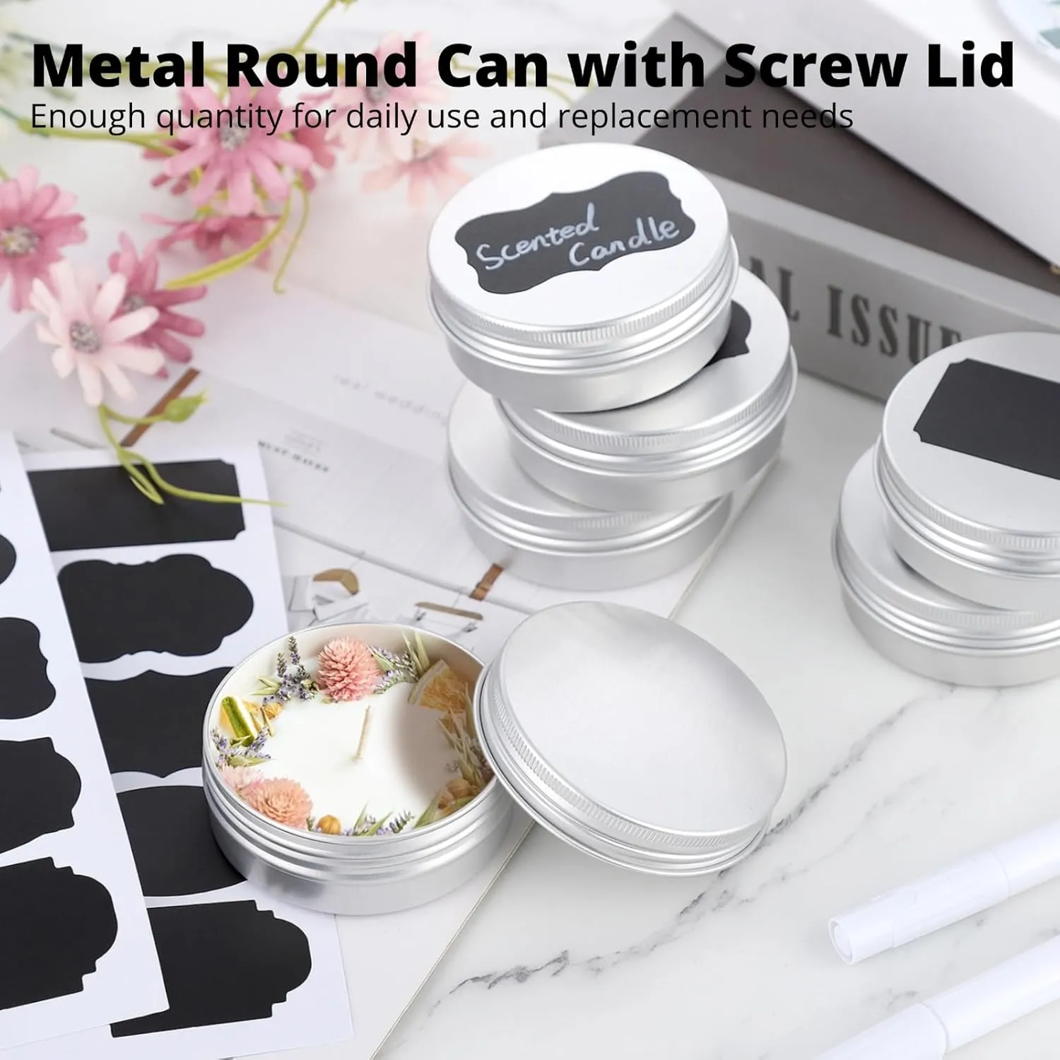 100PCS Metal Round Tins, 2 oz Aluminum Tin Cans Containers with Screw Lid for Lotion Bars, Balms, Salve, Spices or Beard Balm, DIY Candle Making Jar
