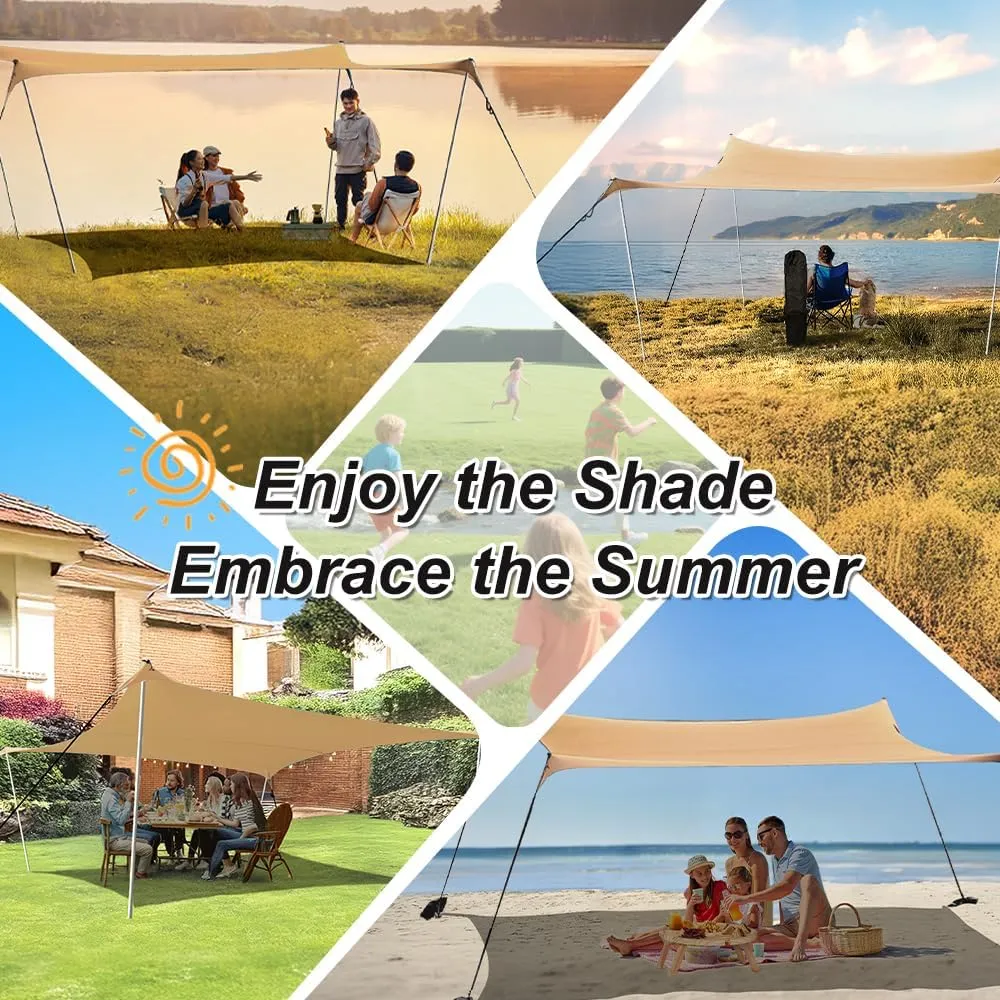 10×10ft UPF50  Beach Tent Sun Shelter, Windproof Stable Outdoor Pop Up Beach Shade Canopy for Camping, Fishing, Backyard Fun or Picnics, 4 Poles