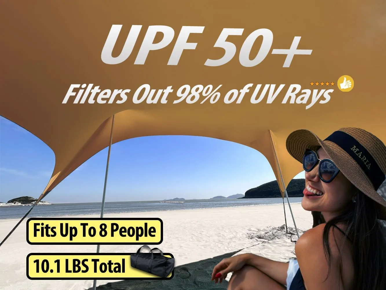 10×10ft UPF50  Beach Tent Sun Shelter, Windproof Stable Outdoor Pop Up Beach Shade Canopy for Camping, Fishing, Backyard Fun or Picnics, 4 Poles
