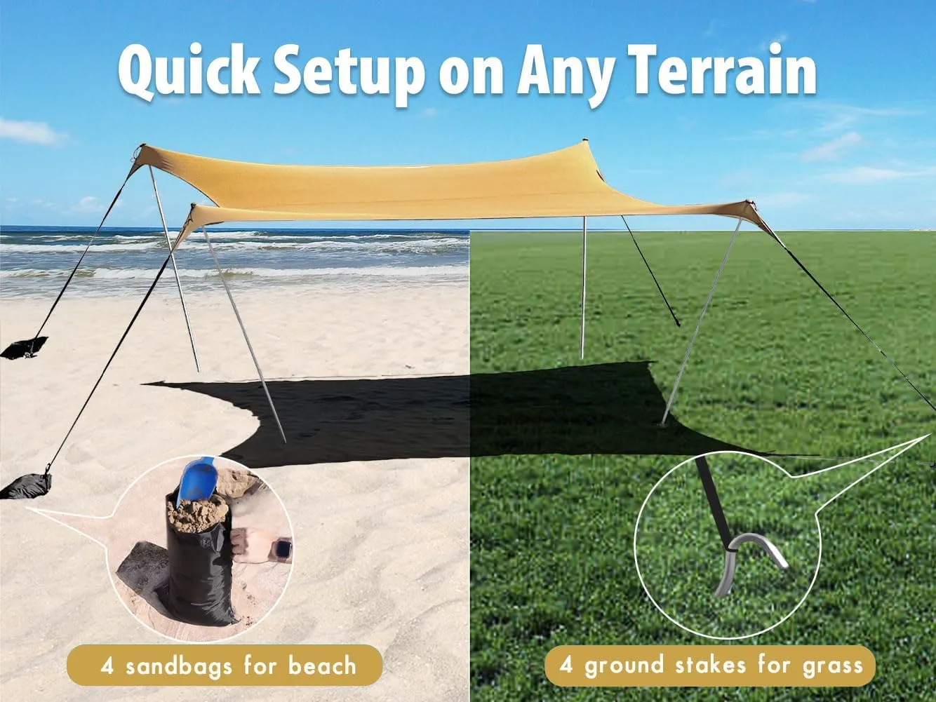 10×10ft UPF50  Beach Tent Sun Shelter, Windproof Stable Outdoor Pop Up Beach Shade Canopy for Camping, Fishing, Backyard Fun or Picnics, 4 Poles