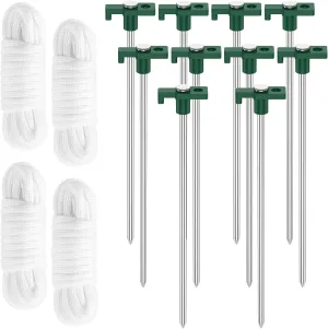 10Pcs Tent Stakes Set with 4x9.84FT Ropes, Heavy Duty Metal Camping Tent Ground Stakes, 9.84" Sturdy Canopy Windproof Pegs, Outdoor Tent Pegs Canopy Stakes Kit for Outdoor Camping Hiking