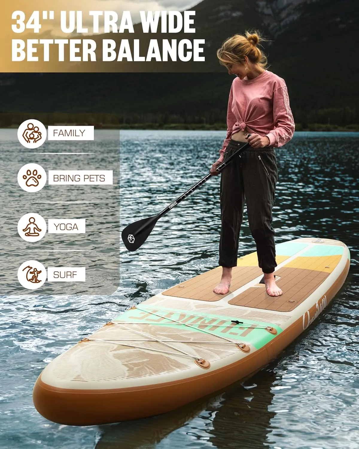 11’×34"×6" Extra Wide Inflatable Stand Up Paddle Board, Sup Board with Removable Fins, Backpack, Floating Paddle, Safety Leash, Floating Phone Case for Adults & Youth of All Skill Levels