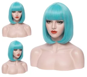 12 Inches Blue Bob Wig Short Teal Wig with Bangs for Women Girls Heat Resistant Synthetic Wigs