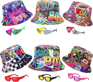 12 Pack Retro 80's 90's Party Bucket Hats with Neon Sunglasses, Funny 1980's 1990's Theme Party Hats Set, Retro Photo Booth Props Kit for Hip Hop, Birthday, Wedding, Graduation, Outdoor