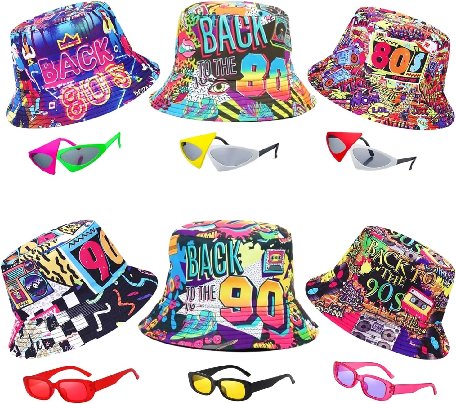 12 Pack Retro 80's 90's Party Bucket Hats with Neon Sunglasses, Funny 1980's 1990's Theme Party Hats Set, Retro Photo Booth Props Kit for Hip Hop, Birthday, Wedding, Graduation, Outdoor