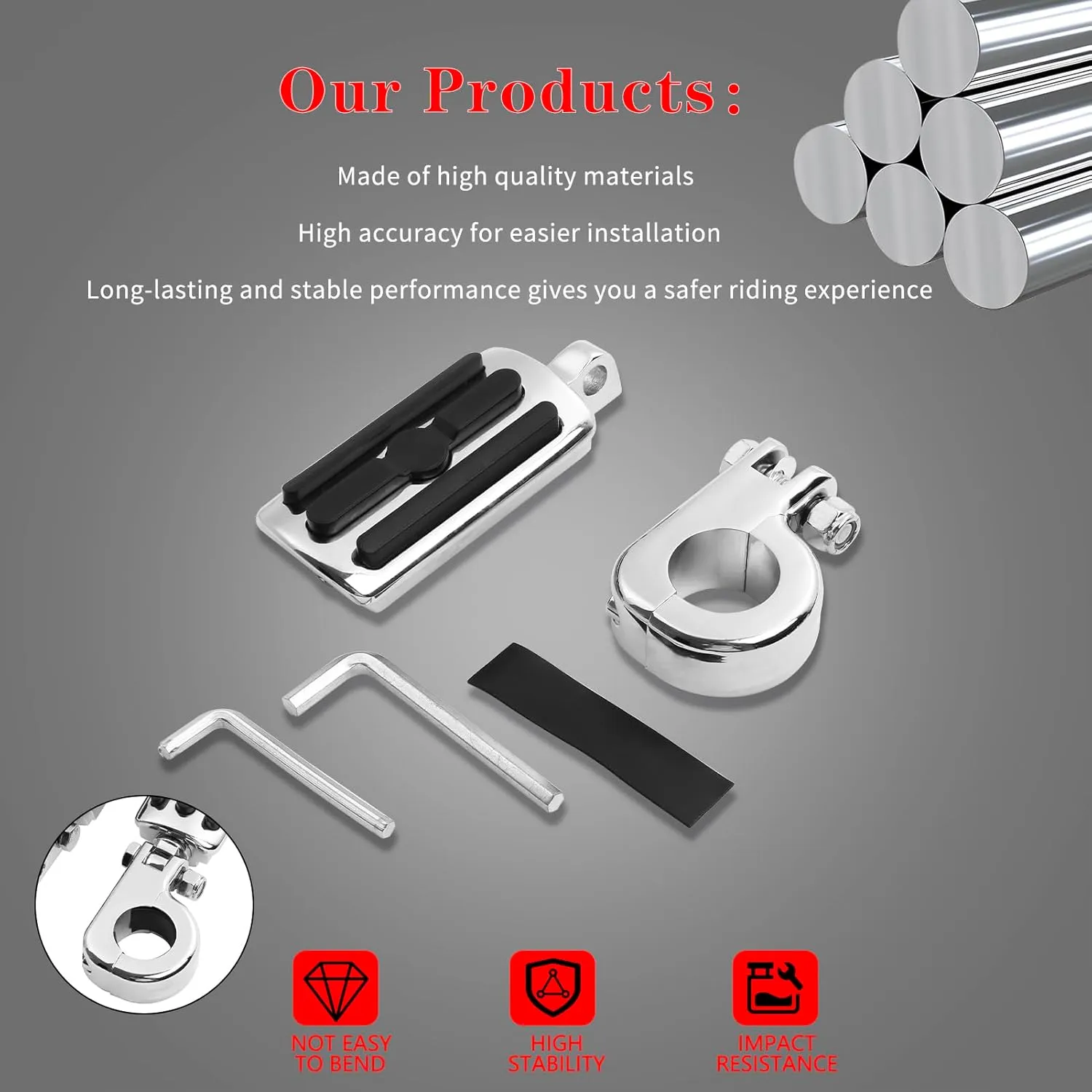 1.25" Highway Footpegs, Adjustable Footrest Mounting P-Clamps Compatible with Harley Sportster Touring Softail Dyna Honda Kawasaki Suzuki Yamaha with 1-1/4" Engine Guard（Chrome）