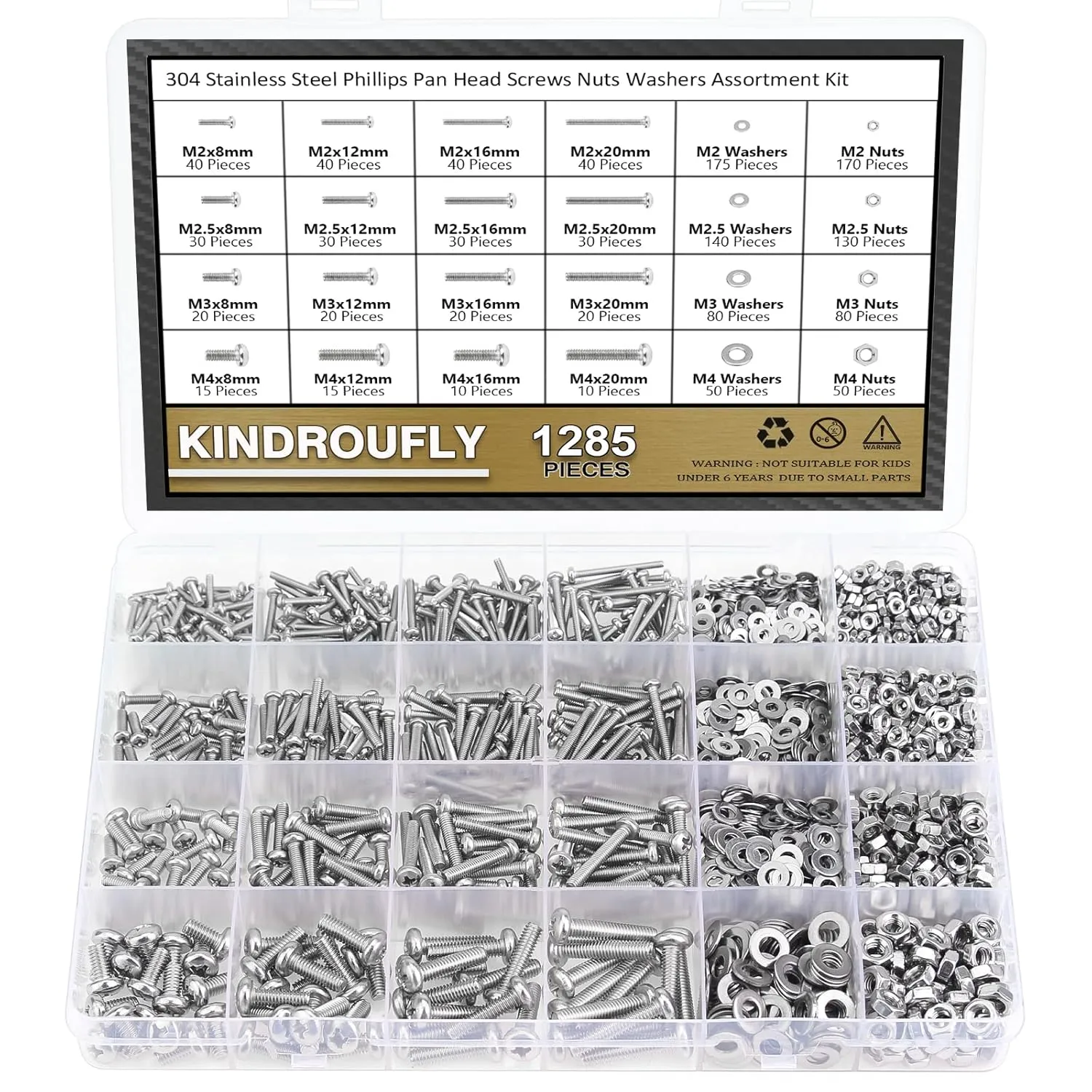 1285 Pieces M2 M2.5 M3 M4 Phillips Pan Head Machine Screws Nuts Washers Assortment Kit, 304 Stainless Steel, Fully Machine Thread