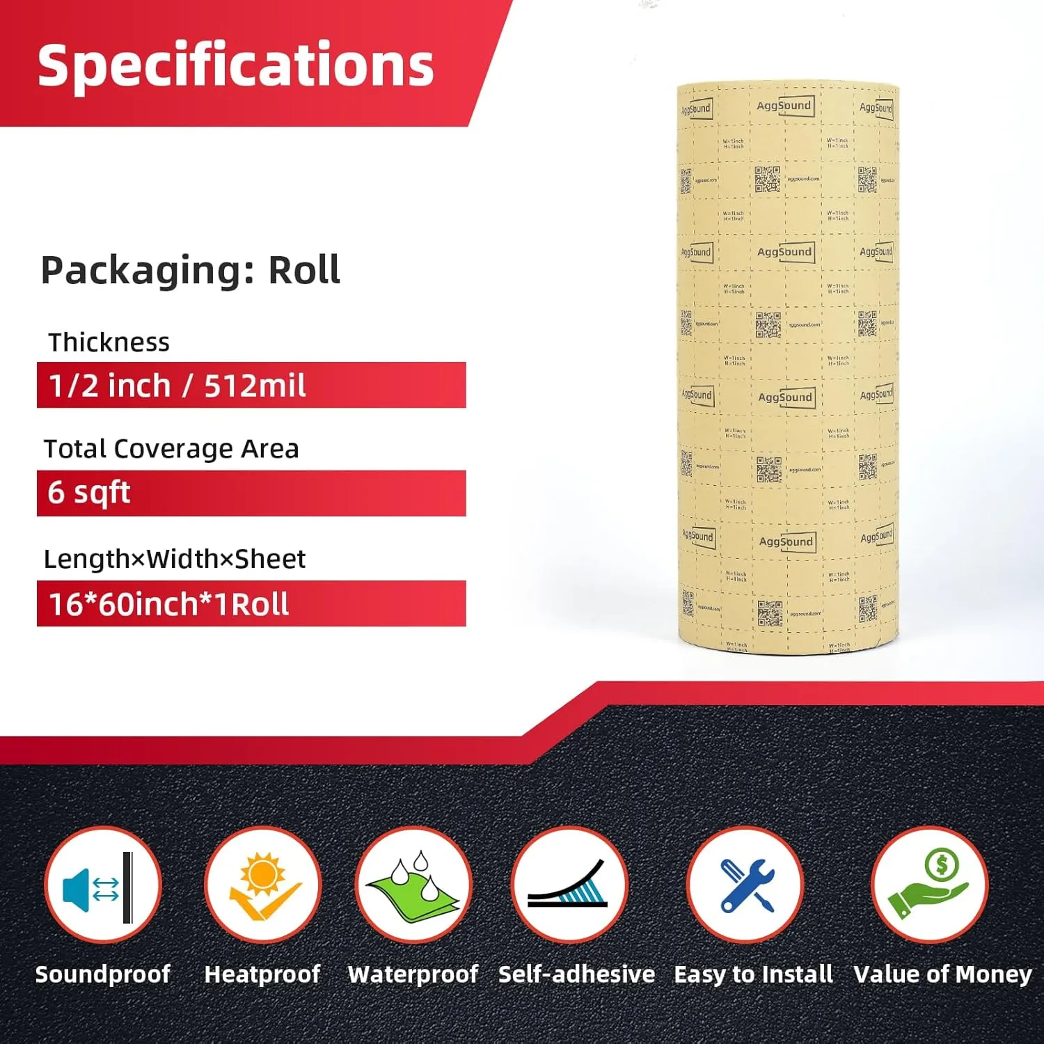 1/2inch Thickened Sound Deadener for Multiple Use，High Density Foam with Adhesive,for Car, Boat, RV Shield Insulation Dampening Mat, 16" x 60" x1/2"