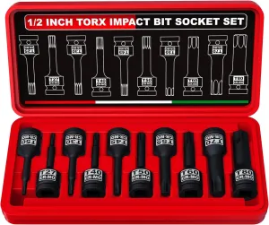 1/2" Drive Master Impact Torx Bit Socket Set, 10-Pieces: T25 - T80, Cr-Mo Steel, Heavy Duty Storage Case
