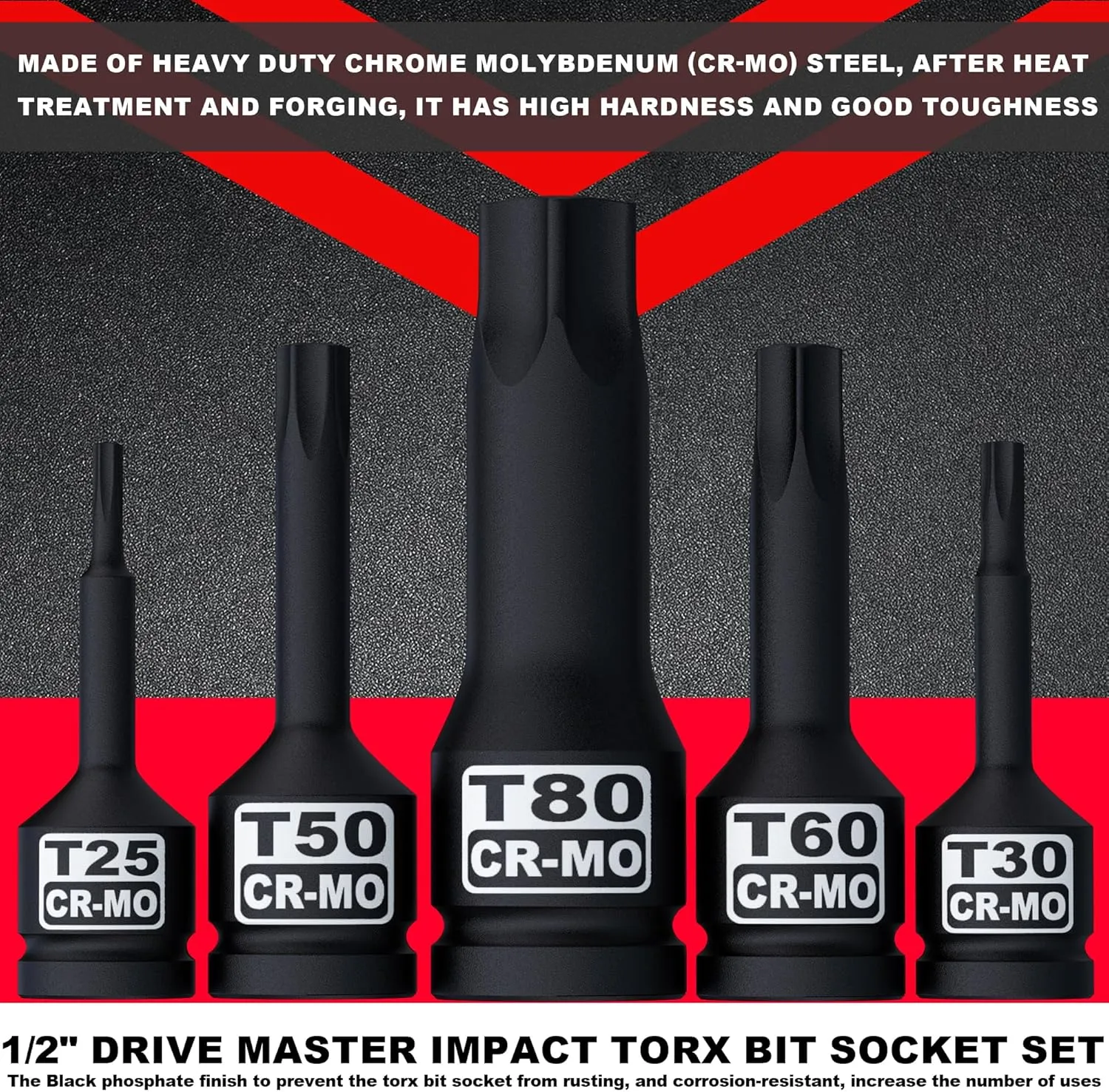 1/2" Drive Master Impact Torx Bit Socket Set, 10-Pieces: T25 - T80, Cr-Mo Steel, Heavy Duty Storage Case