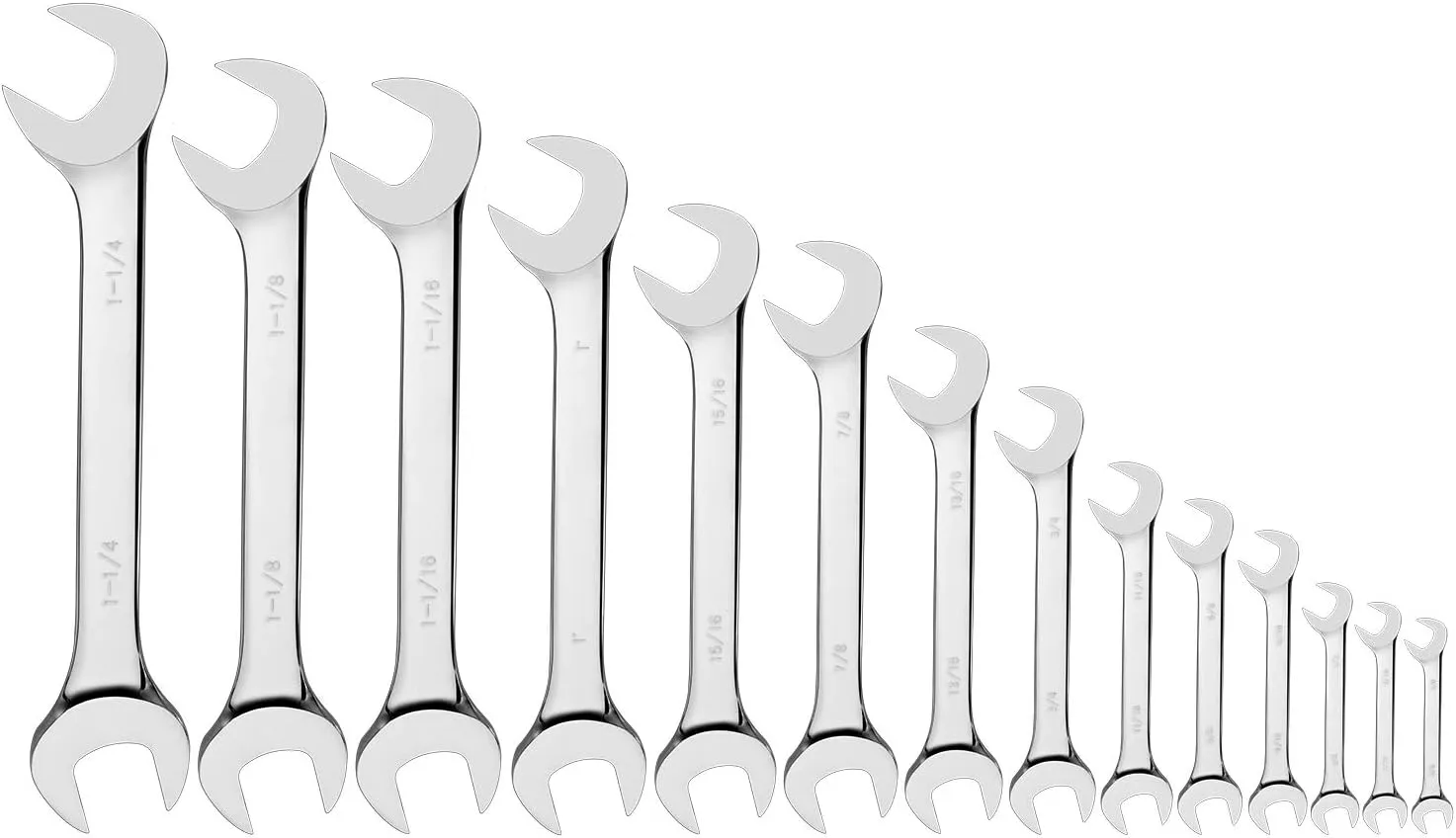 14-Piece Premium Angle Head Open End Wrench Set, Chrome Vanadium Steel | Include Standard Inch Sizes 3/8, 7/16, 1/2, 9/16, 5/8, 11/16, 3/4, 13/16, 7/8, 15/16, 1, 1-1/16, 1-1/8, 1-1/4 with Storage Rack