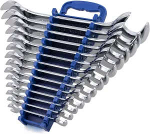 14-Piece Premium Angle Head Open End Wrench Set, Chrome Vanadium Steel | Include Standard Inch Sizes 3/8, 7/16, 1/2, 9/16, 5/8, 11/16, 3/4, 13/16, 7/8, 15/16, 1, 1-1/16, 1-1/8, 1-1/4 with Storage Rack