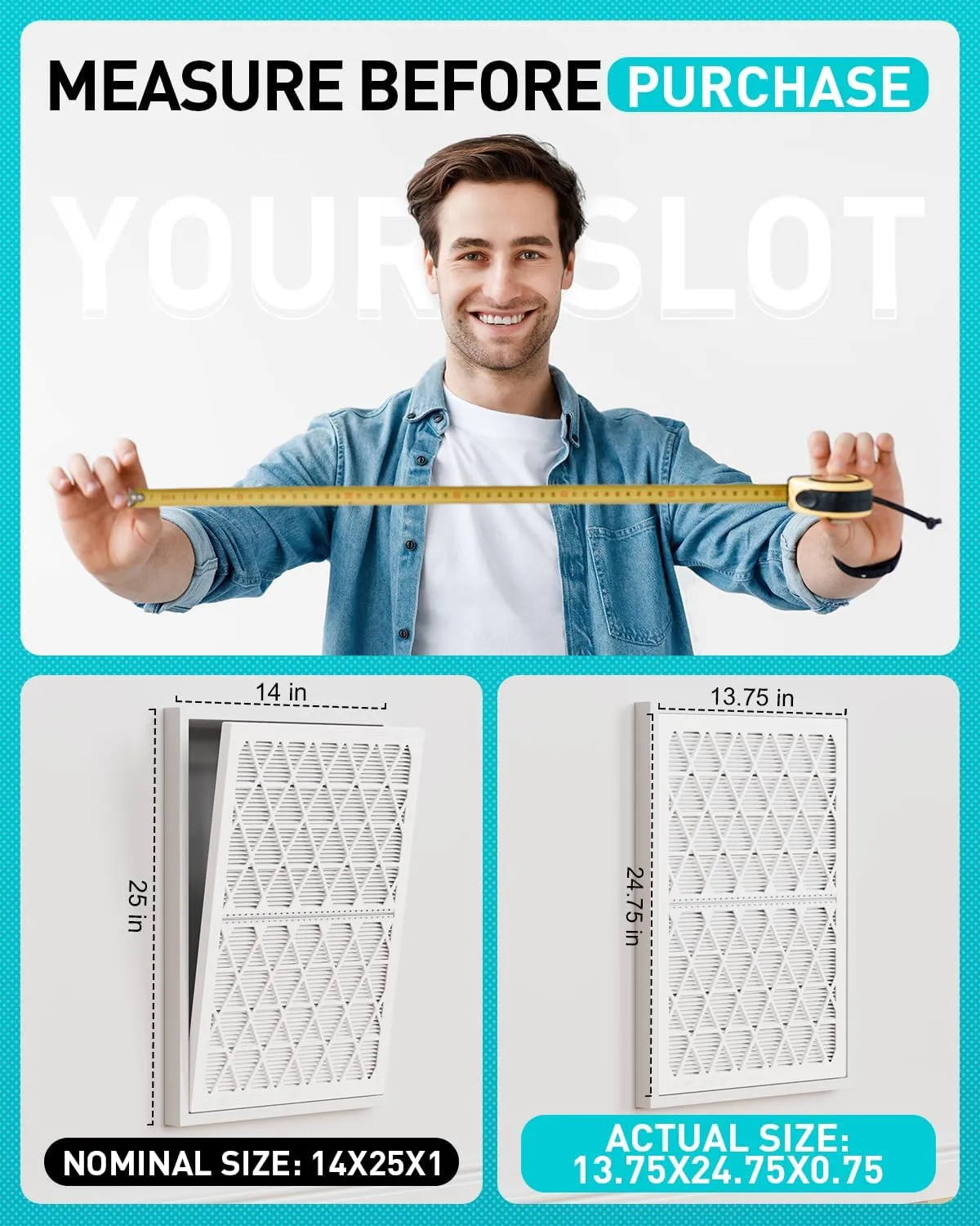 14x25x1 Refillable Air Filter Kit, MERV 8, 1 Reusable Foldable Frame ＆ 6 Refills, Fits Most AC HVAC Furnace Devices, Actual Size 13.75x24.75x0.75in