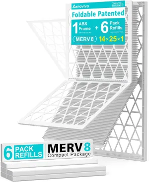 14x25x1 Refillable Air Filter Kit, MERV 8, 1 Reusable Foldable Frame ＆ 6 Refills, Fits Most AC HVAC Furnace Devices, Actual Size 13.75x24.75x0.75in