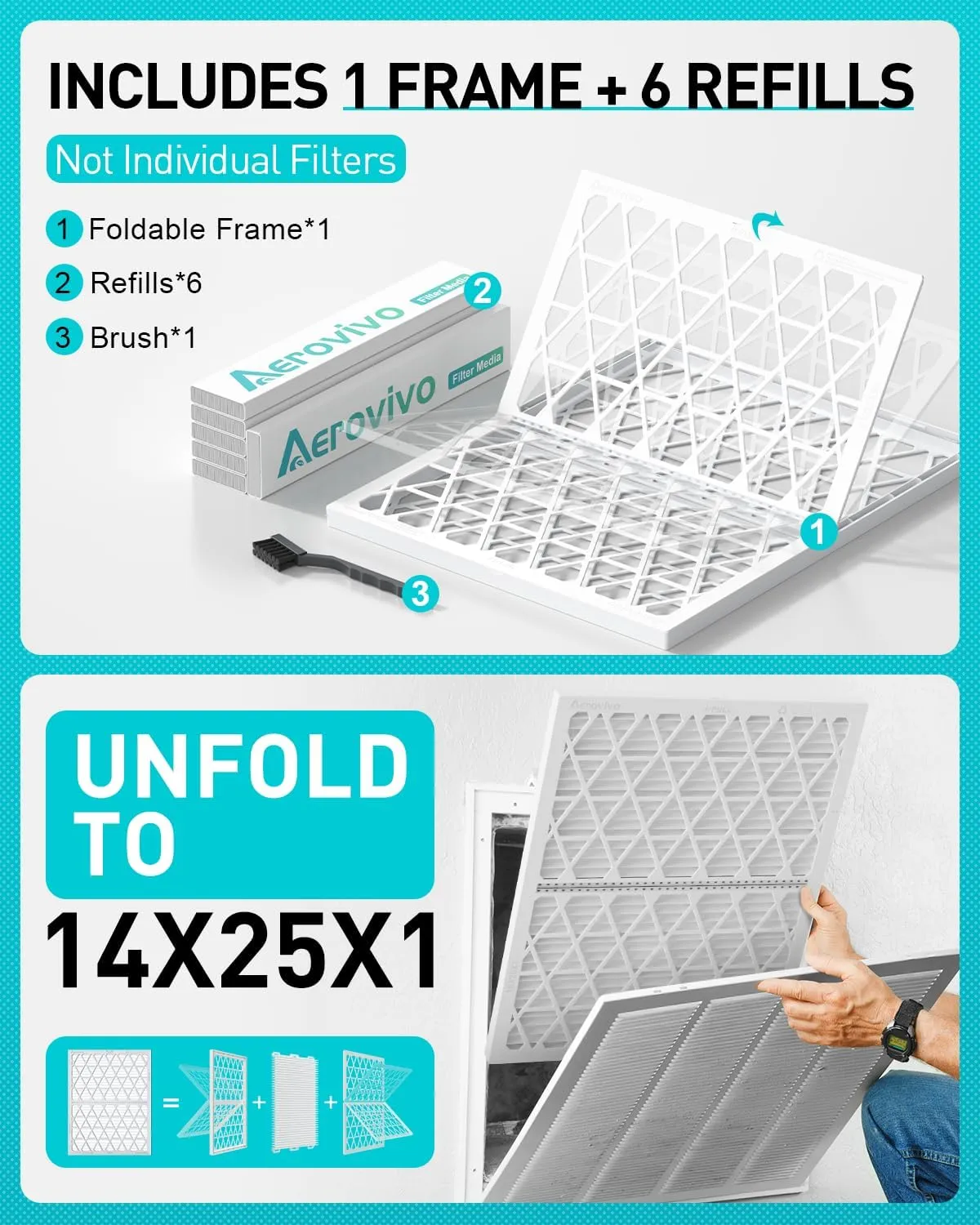 14x25x1 Refillable Air Filter Kit, MERV 8, 1 Reusable Foldable Frame ＆ 6 Refills, Fits Most AC HVAC Furnace Devices, Actual Size 13.75x24.75x0.75in