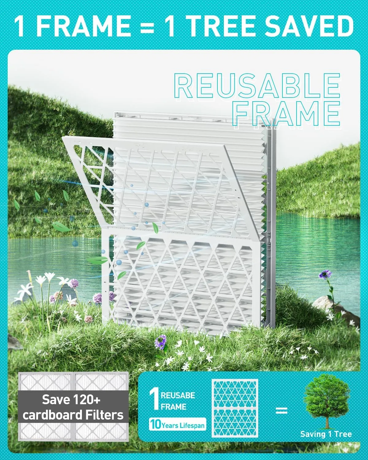 14x25x1 Refillable Air Filter Kit, MERV 8, 1 Reusable Foldable Frame ＆ 6 Refills, Fits Most AC HVAC Furnace Devices, Actual Size 13.75x24.75x0.75in