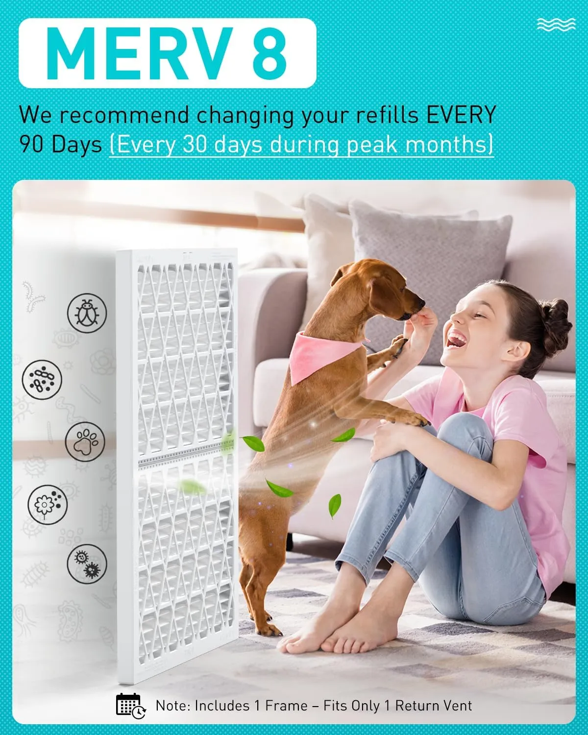 14x25x1 Refillable Air Filter Kit, MERV 8, 1 Reusable Foldable Frame ＆ 6 Refills, Fits Most AC HVAC Furnace Devices, Actual Size 13.75x24.75x0.75in