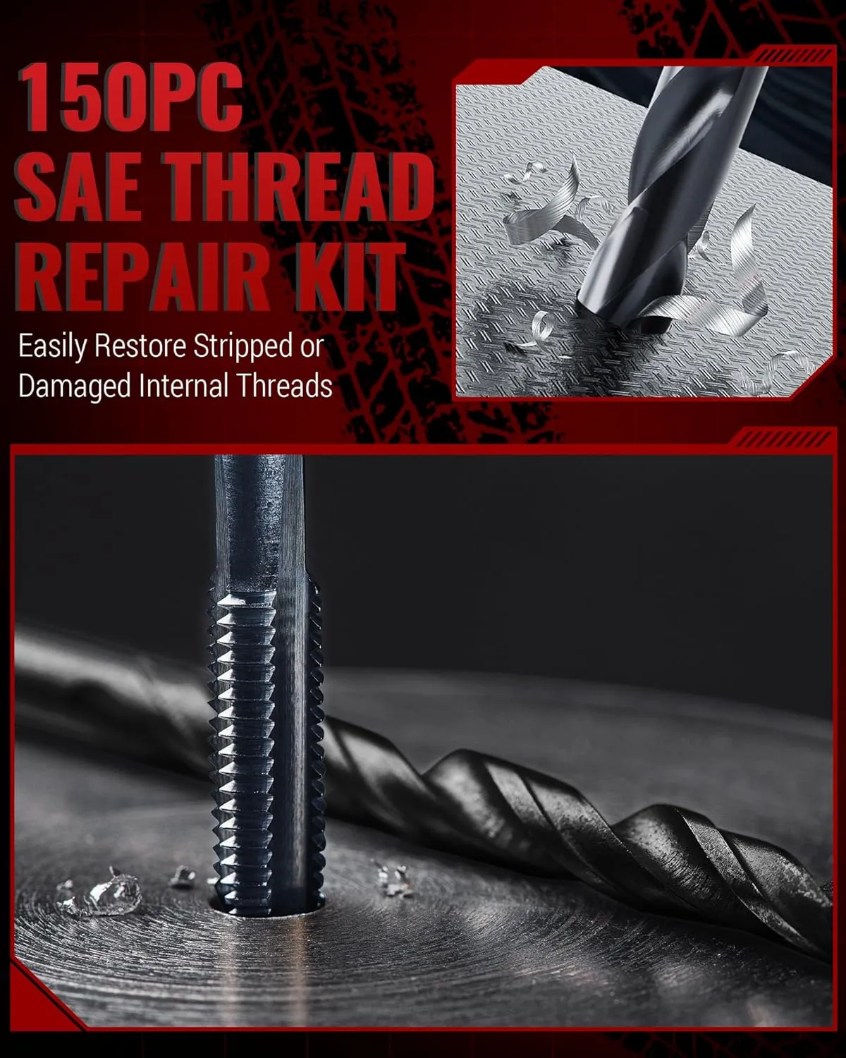 150 PC SAE Heli Coil Thread Repair Kit, Standard Helicoil Kit with HSS Drill Bits Inserts Taps Break Off Tools, Rethreading Tools in 1/4" 5/16" 3/8" 7/16" 1/2" Sizes