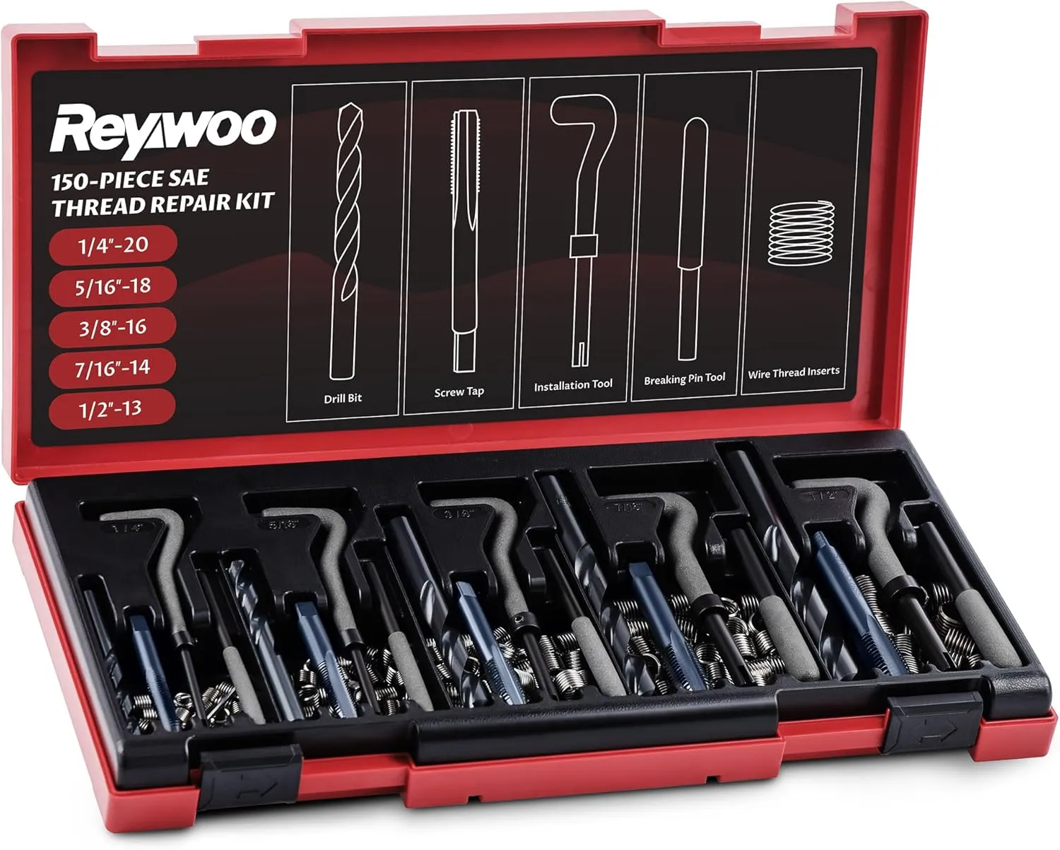 150 PC SAE Heli Coil Thread Repair Kit, Standard Helicoil Kit with HSS Drill Bits Inserts Taps Break Off Tools, Rethreading Tools in 1/4" 5/16" 3/8" 7/16" 1/2" Sizes