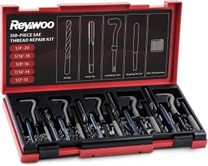 150 PC SAE Heli Coil Thread Repair Kit, Standard Helicoil Kit with HSS Drill Bits Inserts Taps Break Off Tools, Rethreading Tools in 1/4" 5/16" 3/8" 7/16" 1/2" Sizes