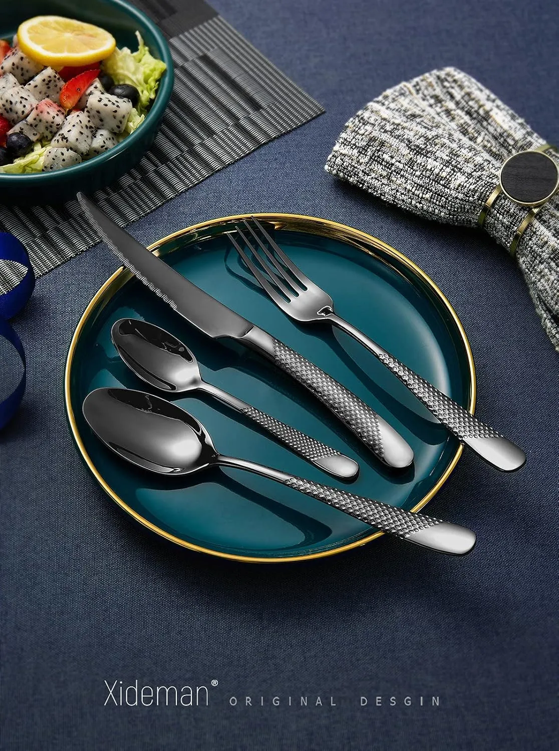 16-Piece ​Modern Black Hammered Silverware Set with Ultra Sharp 2-IN-1 Serrated Knives, 18/10 Stainless Steel Flatware Set, Titanium ​Plated Cutlery Set Service for 4, Dishwasher Safe