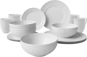 16-Piece White Embossed Mesh Bone China Dinnerware with Lightweight Durable Chip Resistant Design Service for 4