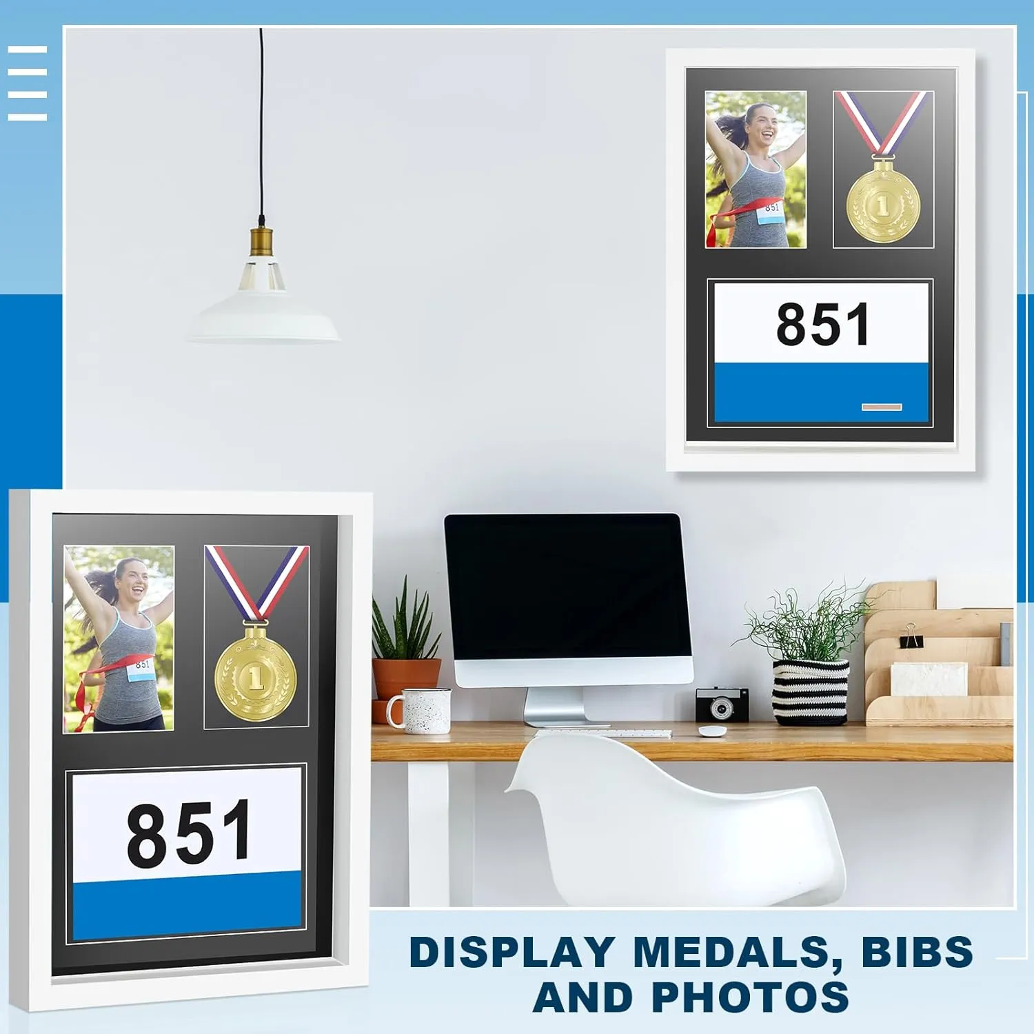 17 x 12.5 Inches 3 in 1 Shadow Box Display Medal Photo Framing Kit Medal Frame Display Case Runners Triathlon and Running Bib Holder for Race Bibs Race Winner Photo (White)