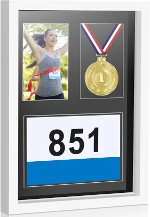 17 x 12.5 Inches 3 in 1 Shadow Box Display Medal Photo Framing Kit Medal Frame Display Case Runners Triathlon and Running Bib Holder for Race Bibs Race Winner Photo (White)
