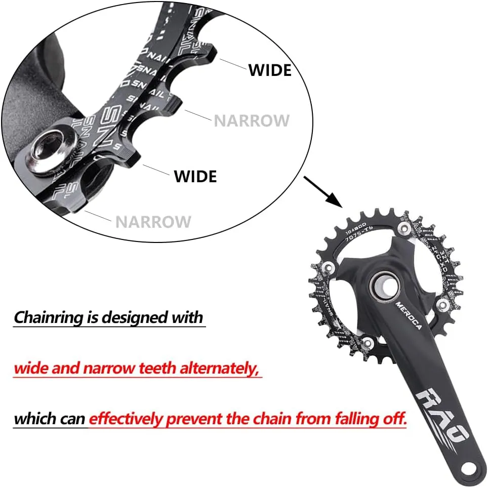 170mm Mountain Bike Crankset, Hollow Integrated Crankset 32T-52T Black/Red Aluminum Alloy Bike Crankset with 104BCD Round Oval Chainring, Replacement for Bicycle Crank Arm Set