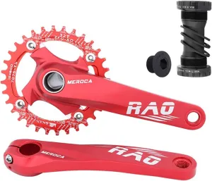 170mm Mountain Bike Crankset, Hollow Integrated Crankset 32T-52T Black/Red Aluminum Alloy Bike Crankset with 104BCD Round Oval Chainring, Replacement for Bicycle Crank Arm Set