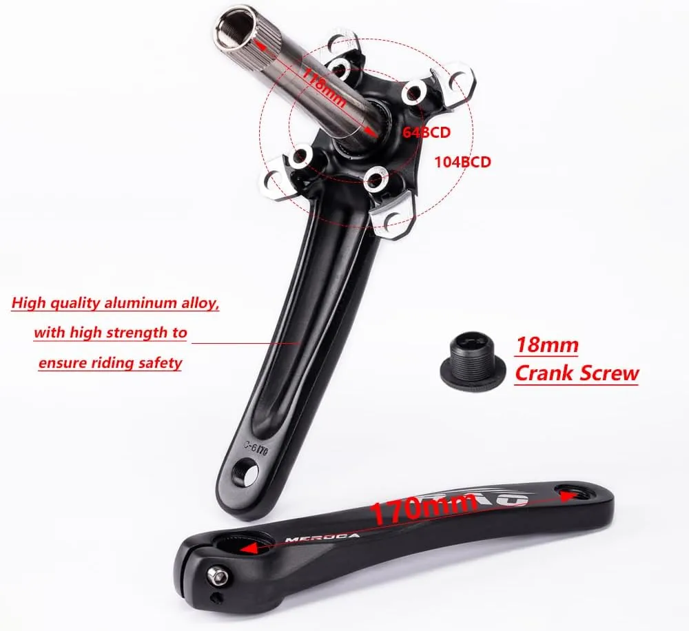 170mm Mountain Bike Crankset, Hollow Integrated Crankset 32T-52T Black/Red Aluminum Alloy Bike Crankset with 104BCD Round Oval Chainring, Replacement for Bicycle Crank Arm Set