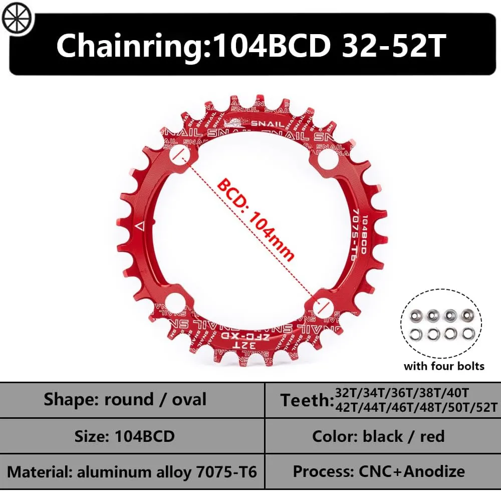 170mm Mountain Bike Crankset, Hollow Integrated Crankset 32T-52T Black/Red Aluminum Alloy Bike Crankset with 104BCD Round Oval Chainring, Replacement for Bicycle Crank Arm Set
