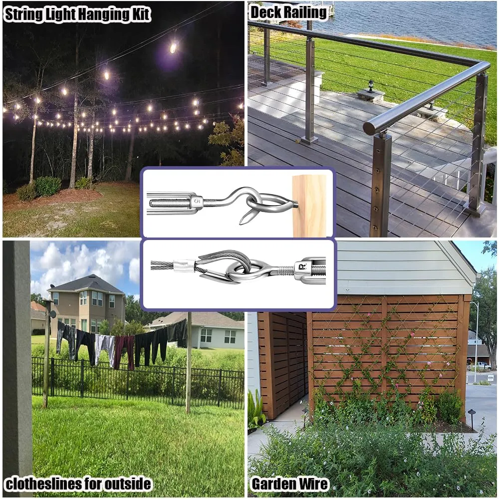 1/8" Wire Rope,100FT 304 Stinless Steel Cable with M5 Turnbuckle-Gardening,Aircraft,Picture Hanging, Clothesline Wire