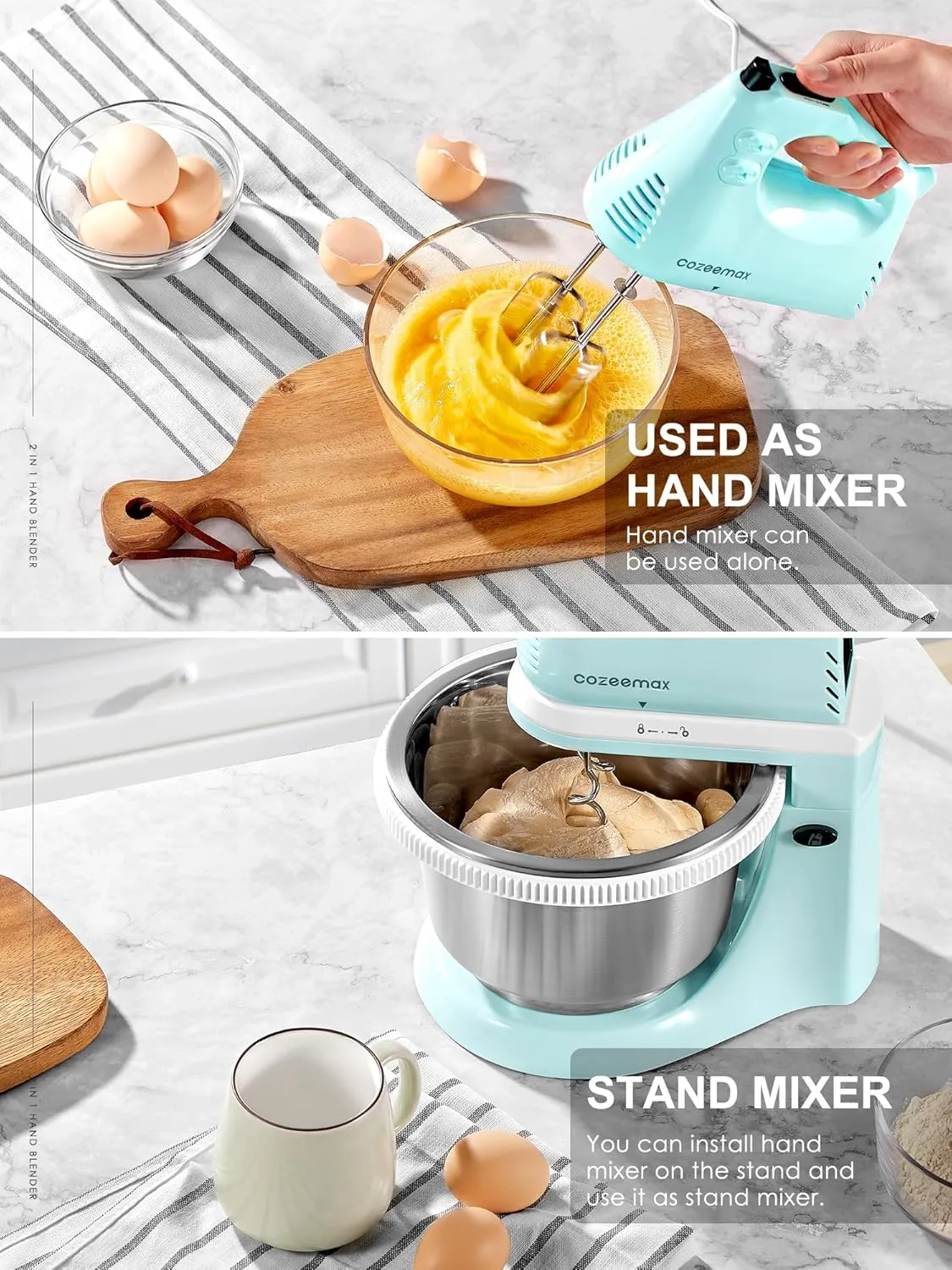 2 in 1 Hand Mixers Kitchen Electric Stand mixer with bowl 3 Quart, electric mixer handheld for Everyday Use, Dough Hooks & Mixer Beaters for Frosting, Meringues & More (Aqua)