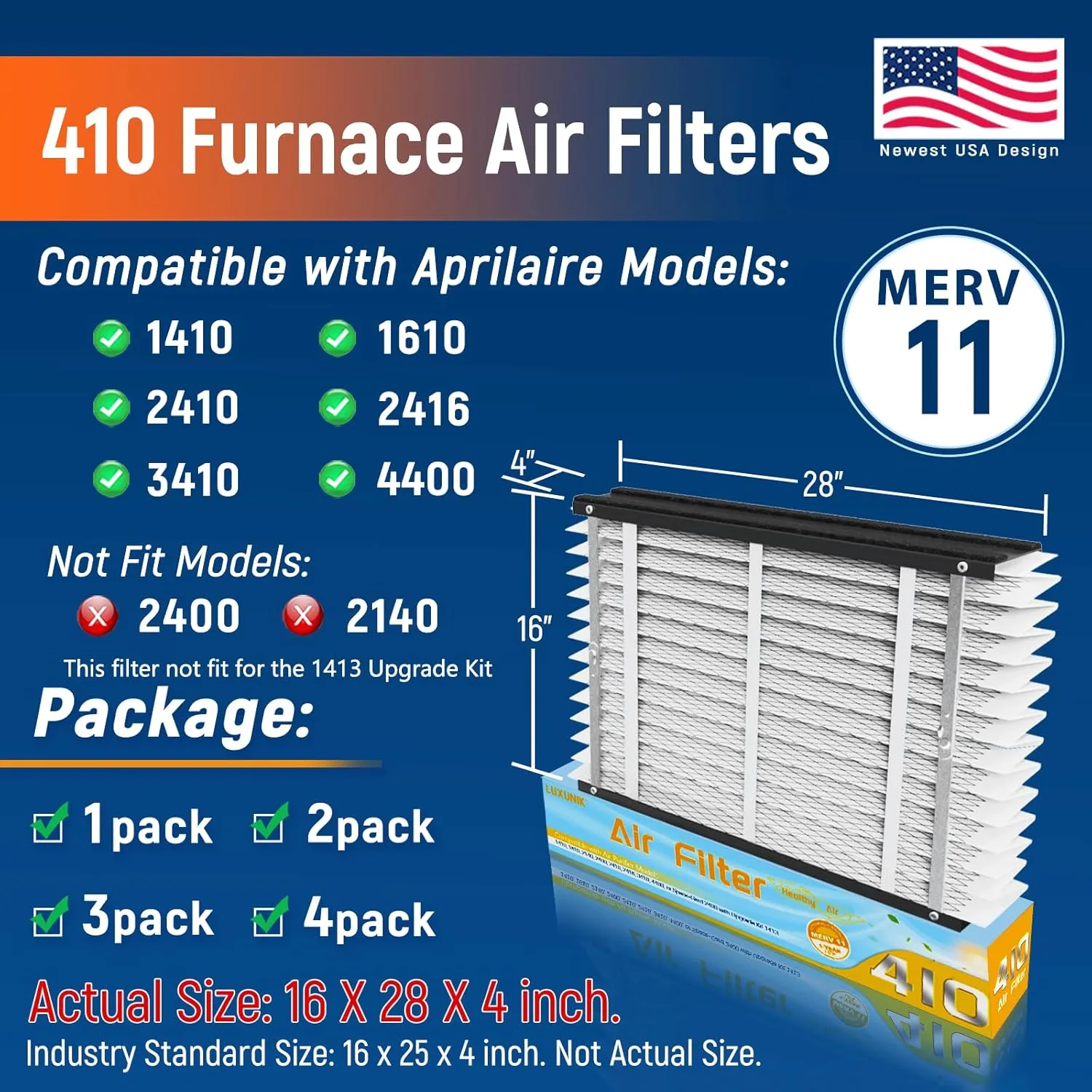 2 Pack 410 Replacement Air Filter MERV 11 Compatible with AprilAire Furnace Models 1410, 1610, 2410, 2416, 3410, 4400, Actual Size: 16x28x4 inch