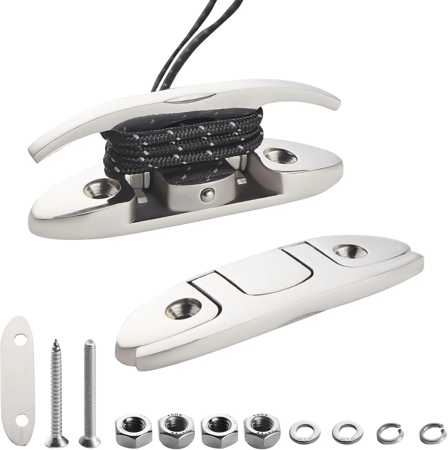 2-Pack 5" Flip-Up Boat Cleats, 316 Stainless Steel Marine Dock Cleats with Back Plate, Folding Boat Hardware for Kayak Pontoon Bass Boat, Complete Mounting Kit