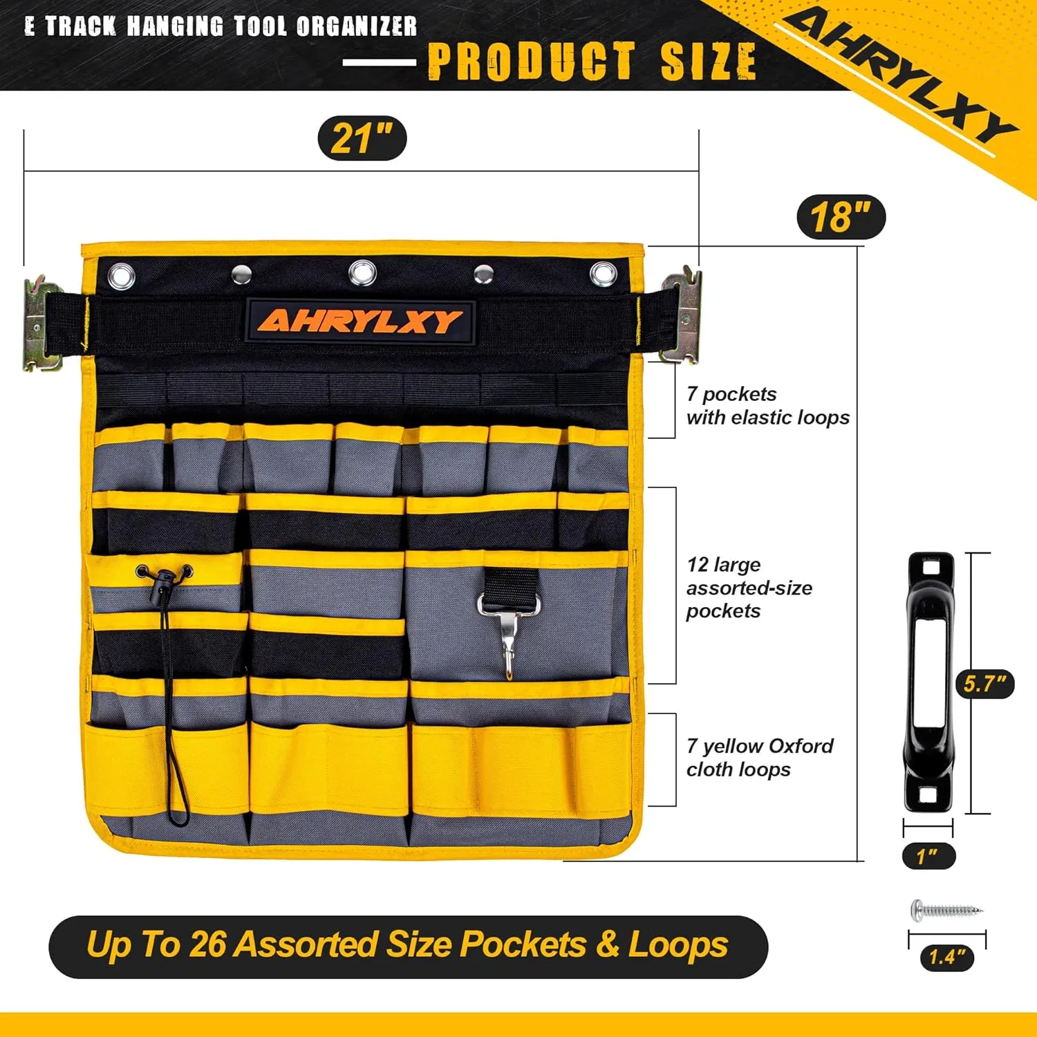 2 Pack E-Track Hanging Tool Organizer, E Track Wall Hanging Pocket Tool Holder, E-Track Accessories for Enclosed Trailer, Garage Warehouse and Workshop, Wall Mount Multi Pockets Tool Organizer